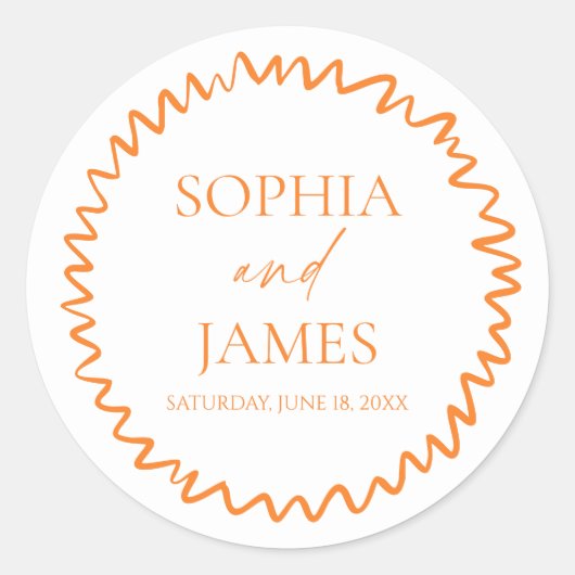 Whimsical Citrus Orange Wavy Border Wedding Ronde Sticker (Voorkant)