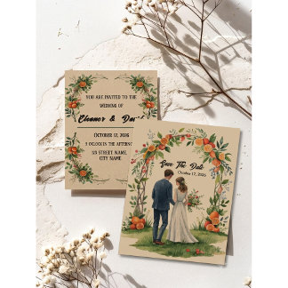 Whimsical Citrus Sinaasappelgaard Waterverf Koppel Kaart