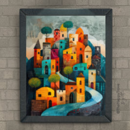Whimsical City Moderne volkskunst olieverfschilder Poster