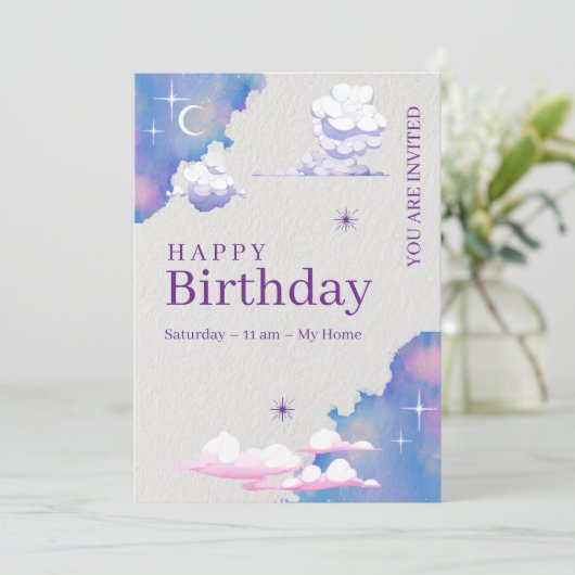Whimsical Cloud & Galaxy Invitation d'anniversaire (Debout devant)
