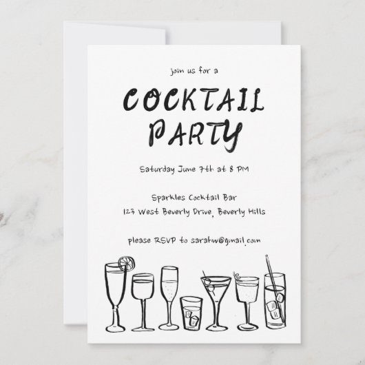 Whimsical Cocktail Drink Custom Birthday Party BW Kaart (Voorkant)