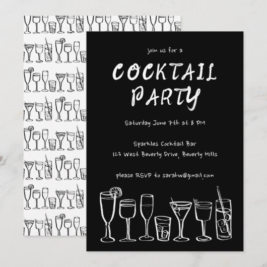 Whimsical Cocktail Drink Custom Birthday Party BW Kaart (Voorkant / Achterkant)
