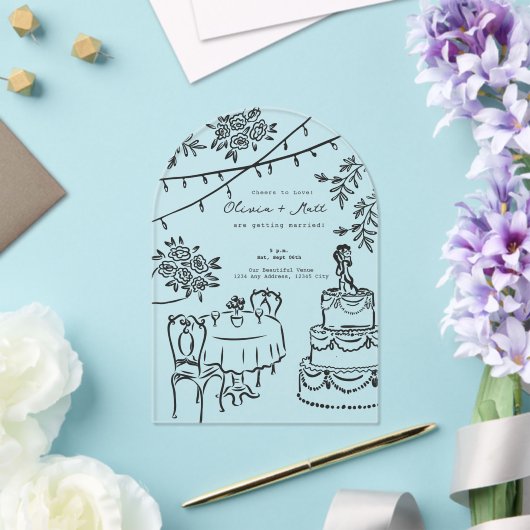 Whimsical Cocktail Hand Drawn Wedding Invitation (Insitu (Mariage))