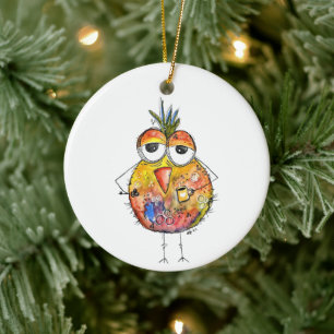 Whimsical Colorful Bird Drink Coffee Keramisch Ornament