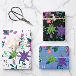 Whimsical Colorful Floral Happy Birthday Inpakpapier Vel