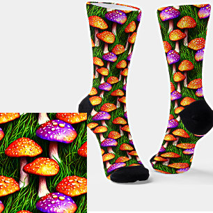 Whimsical Colorful Mushrooms Paars Oranje Green Sokken