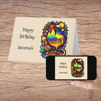 Whimsical Colorful Rooster Cartoon Birthday Kaart