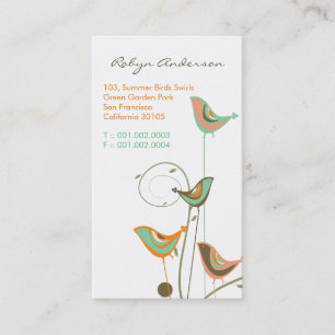 Whimsical Colorful Summer Birds and Swirls Moderne Visitekaartje
