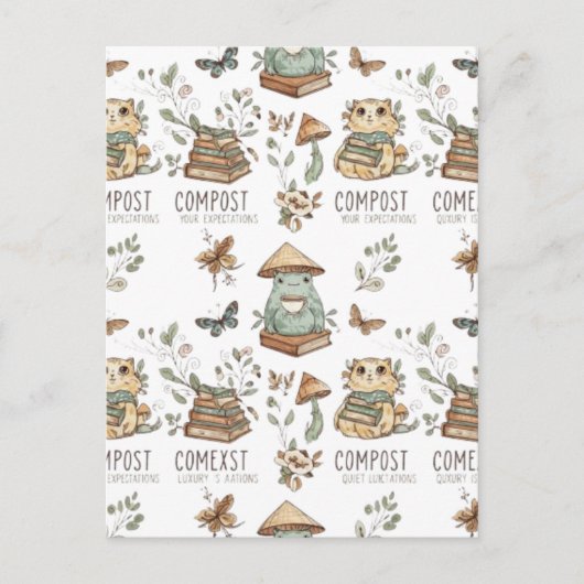 Whimsical "Compost Your Expectations" Frog & Cat P Briefkaart (Voorkant)