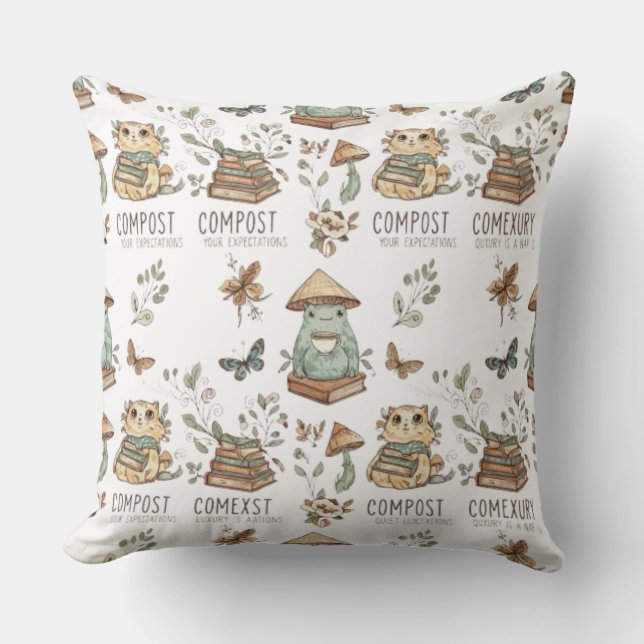 Whimsical "Compost Your Expectations" Frog & Cat P Kussen (Voorkant)