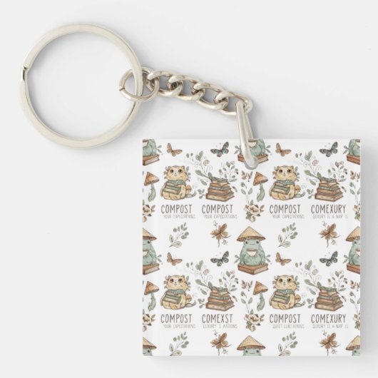 Whimsical "Compost Your Expectations" Frog & Cat P Sleutelhanger (voorkant)