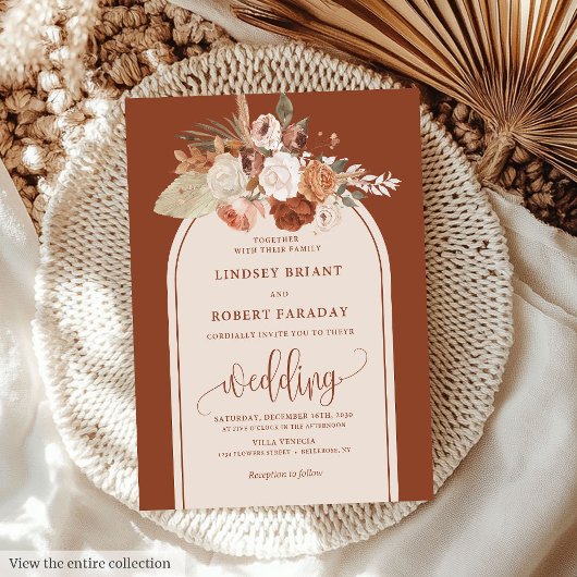 Whimsical Copper Pampas Grass Boho Wedding Invite Kaart