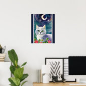 Whimsical Cosmic Kat Waterverf Poster (Thuiskantoor)