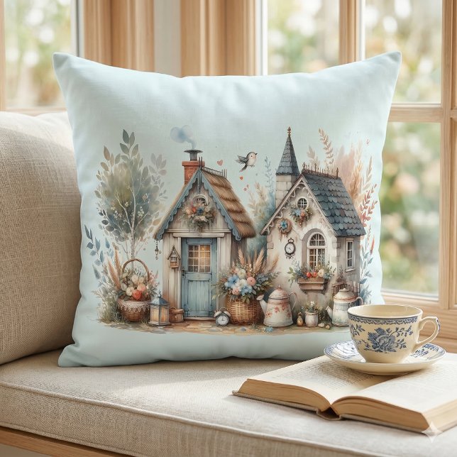 Whimsical Cottage Garden Kussen (Cottage Haven Floral Homes Illustration Throw Pillow In Window Seat)