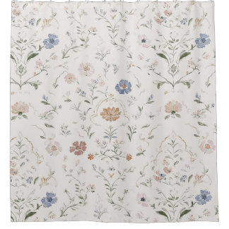 Whimsical Cottagecore Beige Watercolor Wildflower Douchegordijn