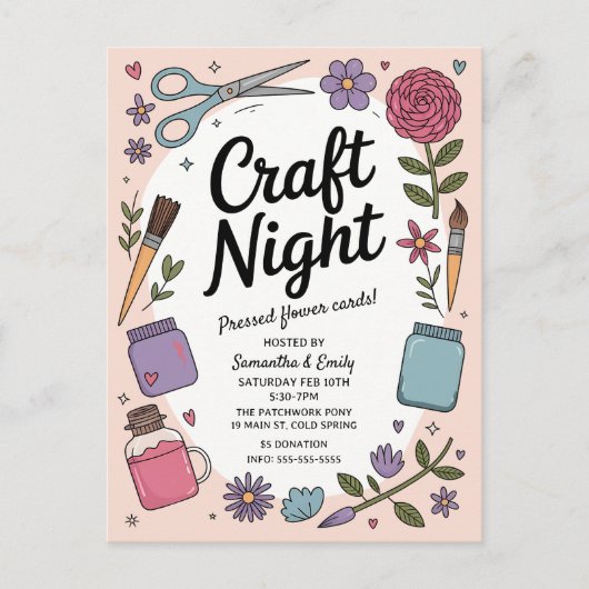 Whimsical Craft Night Fun Scissors Paint Flowers Briefkaart (Voorkant)