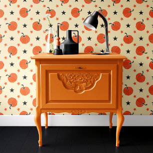 Whimsical Crème & Oranje Pompoen Sterren Halloween Behang