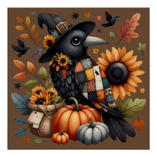 Whimsical Crow met pompoenen en zonnebloemen Perfect Poster