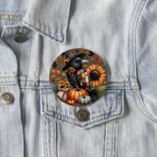 Whimsical Crow met pompoenen en zonnebloemen Ronde Button 7,6 Cm