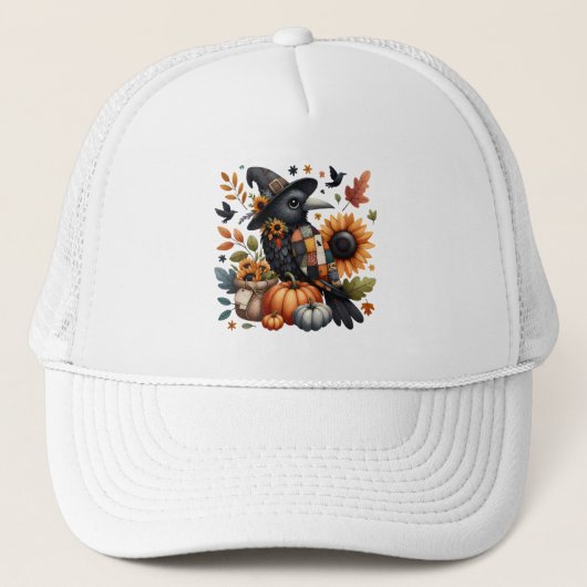 Whimsical Crow met pompoenen en zonnebloemen Trucker Pet (Voorkant)