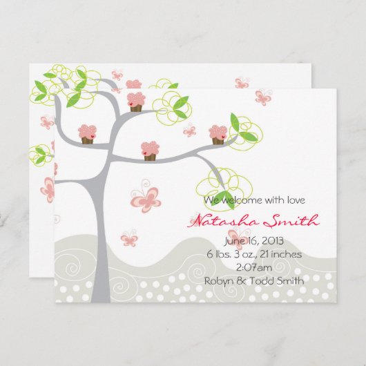 Whimsical Cupcakes Tree Butterflies Aankondigingskaart (Voorkant / Achterkant)