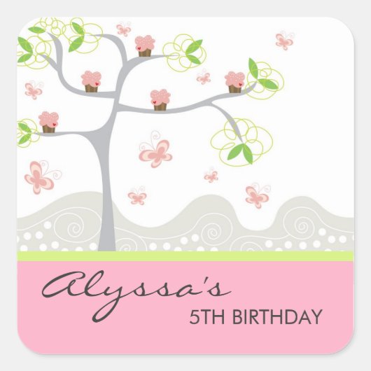 Whimsical Cupcakes Tree Butterflies Vierkante Sticker (Voorkant)