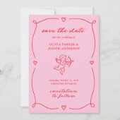 Whimsical Cupid | Pink and Red Photo and QR Code Save The Date (Voorkant)
