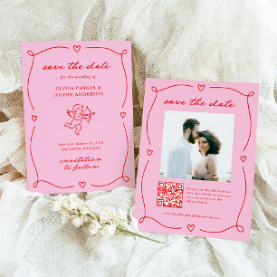 Whimsical Cupid Roze en Rood Foto en QR-code Save The Date