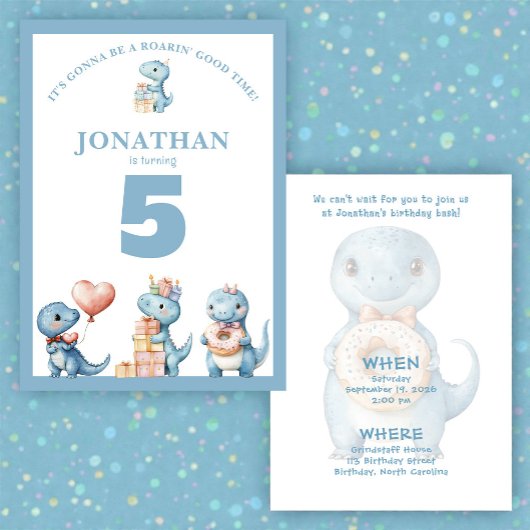Whimsical Custom Blue Dinosaur Birthday Invitation