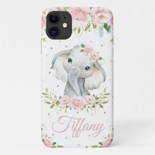 Whimsical Cute Elephant Pink Blush Floral iPhone 11 Hoesje