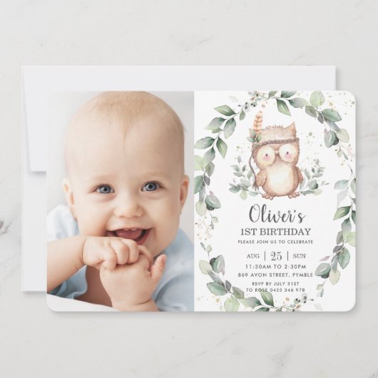 Whimsical Cute Owl Rustic Greenery Birthday Foto Kaart (Voorkant)