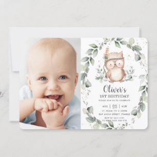 Whimsical Cute Owl Rustic Greenery Birthday Foto Kaart