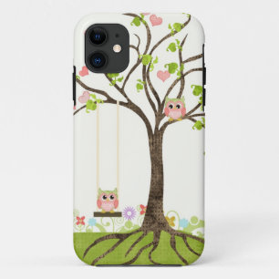 Whimsical Cute Owls Tree of Life Heart Leaf Swirls iPhone 11 Hoesje