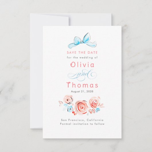 Whimsical Cute Pastel Flowers Bow Save the Date (Devant)