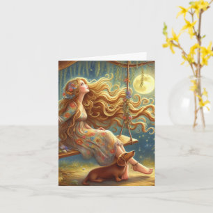 Whimsical Dachshund en Meisje Downloadable Kaart