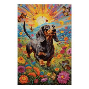 Whimsical Dachshund en Vlinderdans Perfect Poster