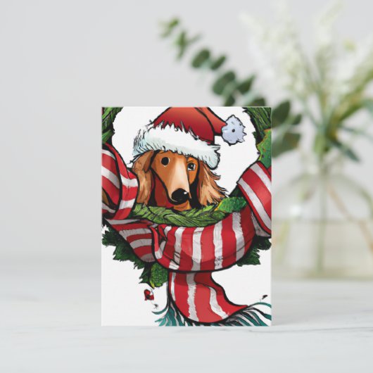 Whimsical Dachshund en Wreater Kerstgroet Feestdagenkaart (Staand voorkant)
