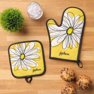 Whimsical Daisy Custom Text en kan kleur bewerken Ovenwant & Pannenlap Set