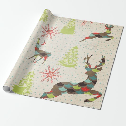 Whimsical Deer, Snowflakes, Bomen die papier verpa (Uitgerold)
