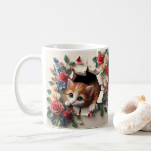 Whimsical Delight: 3D Kitten Hole in een Muur Bloe Koffiemok