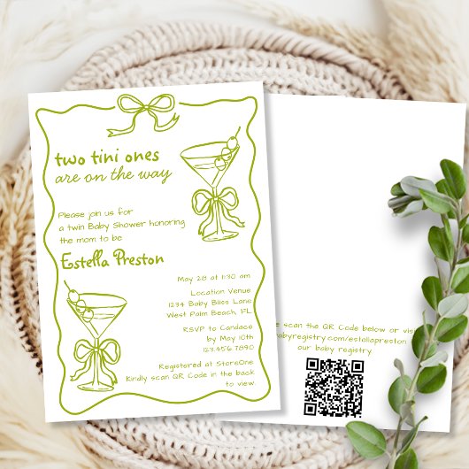 Whimsical Dirty Martinis QR Code Twin Baby shower Kaart