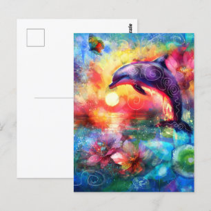 Whimsical Dolphin Coastal Nautical Floral Blauwgro Briefkaart