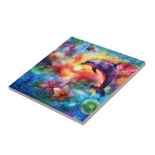 Whimsical Dolphin Coastal Nautical Floral Blauwgro Tegeltje