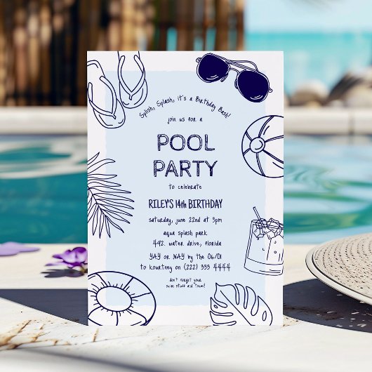 Whimsical Doodle Boy Pool Party Verjaardag Kaart