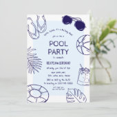 Whimsical Doodle Boy Pool Party Verjaardag Kaart (Staand voorkant)