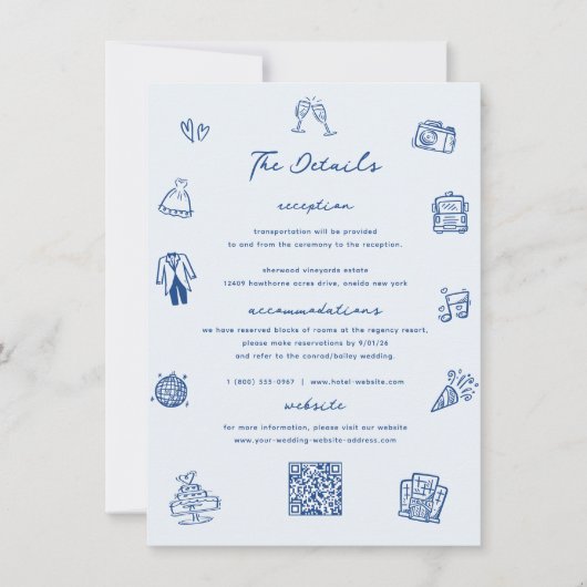 Whimsical Doodle Frans Blauw Bruiloft Details Kaar Kaart (Voorkant)