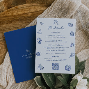 Whimsical Doodle Frans Blauw Bruiloft Details Kaar Kaart