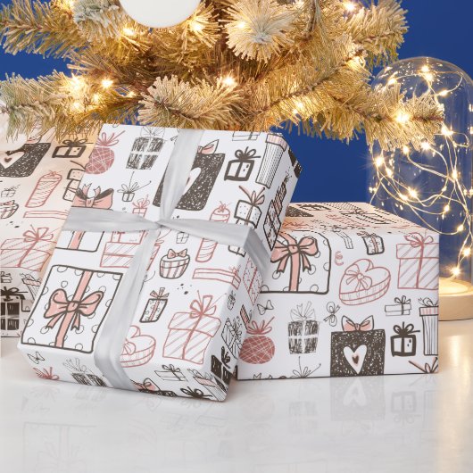 Whimsical Doodle Gifts Tekening Roze Kerst Schatti Cadeaupapier (Feestdagen)