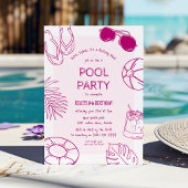 Whimsical Doodle Girl Pool Party Verjaardag Kaart
