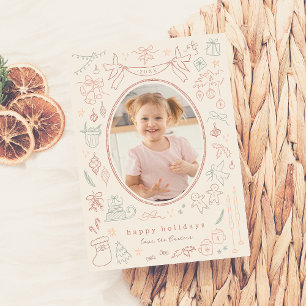 Whimsical Doodle Moderne Kerstvakantie Foto Feestdagenkaart